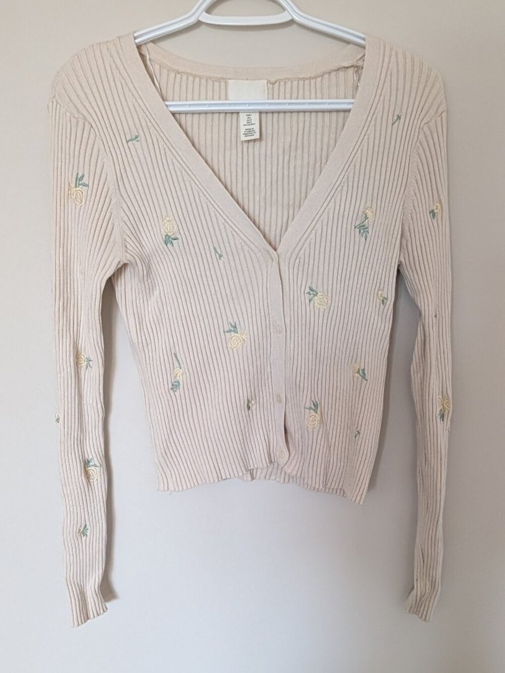H&M Floral Embroidered Ribbed Cardigan Cream V-Neck Button Front Size M